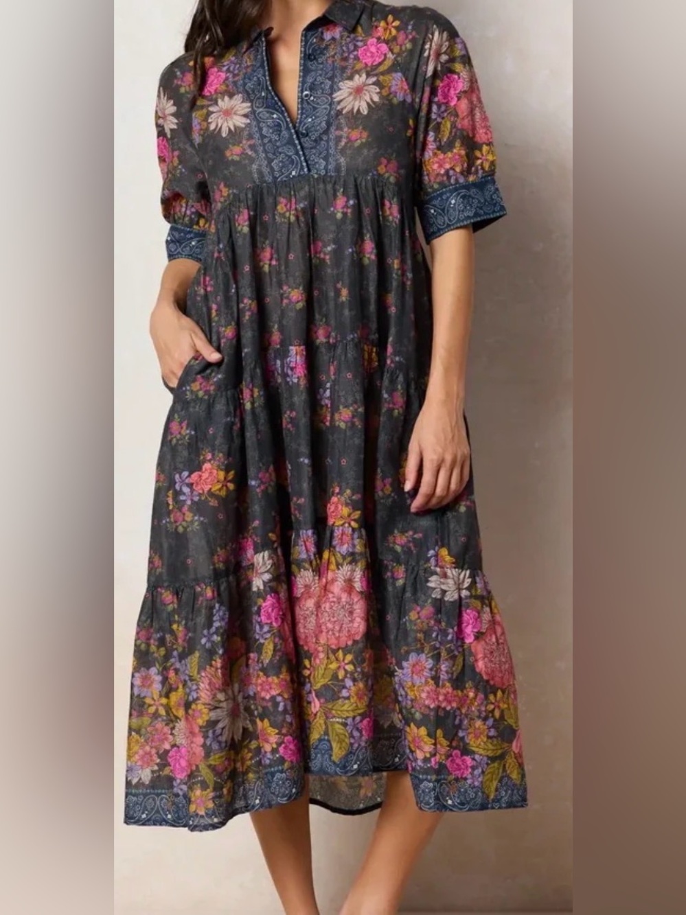 NATURAL LIFE Charcoal Floral Midi Dress with Pink and Yellow Accents